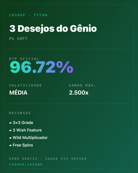 Ficha técnica de 3 Desejos do Gênio: RTP, volatilidade e ganho máximo na CashUp