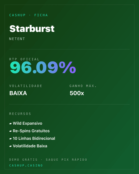 Ficha técnica de Starburst: RTP, volatilidade e ganho máximo na CashUp